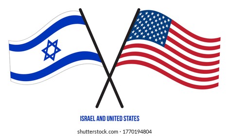 Israel and United States Flags Crossed And Waving Flat Style. Official Proportion. Correct Colors.