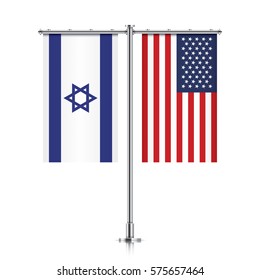 Israel and United States vector banner flags, hanging side by side on a silver metallic poles. Israeli and USA friendship concept.