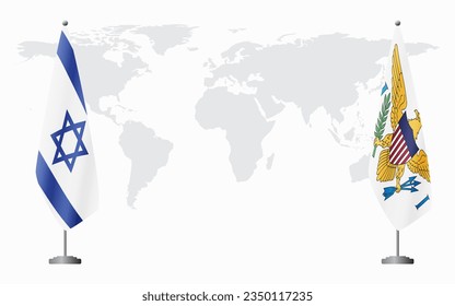 Israel and United States Virgin Islands flags for official meeting against background of world map.