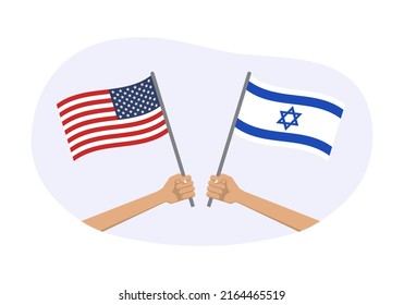 Banderas de Israel y Estados Unidos. Símbolos nacionales estadounidenses e israelíes con fondo abstracto y formas geométricas. Mano sosteniendo la bandera ondeando. Ilustración vectorial.