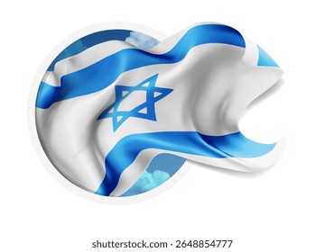 Israel, vector 3d flag against a blue sky, through a round hole on a white background