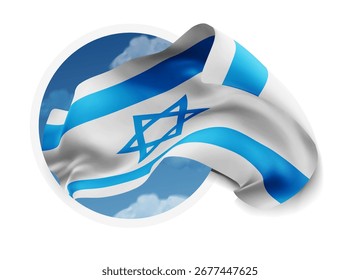Israel, Vektor 3D-Flagge auf blauem Himmel, durch ein rundes Loch auf weißem Hintergrund