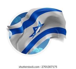 Israel, vector 3d flag against a blue sky, through a round hole on a white background
