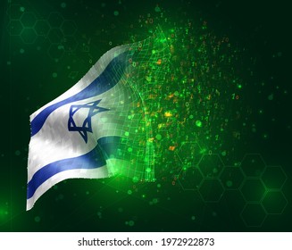 Israel, vector 3d flag on green background with polygons and data numbers