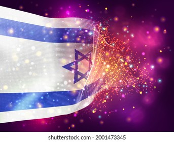 Israel, vector 3d flag on pink purple background with lighting and flares