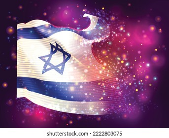 Israel, vector 3d flag on pink purple background with lighting and flares