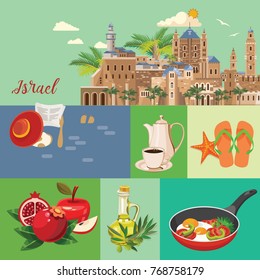 Israel vector banner with jewish landmarks. Travel poster in flat design