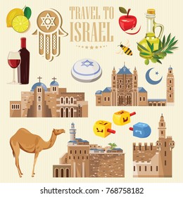 Israel vector banner with jewish landmarks. Travel poster in flat design