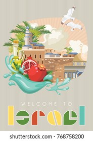 Israel vector banner with jewish landmarks. Travel poster in flat design