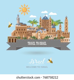 Israel vector banner with jewish landmarks. Travel poster in flat design