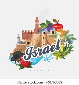 Israel vector banner with jewish landmarks. Travel poster in flat design