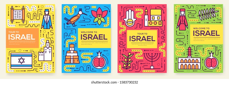 Conjunto de líneas delgadas de tarjetas de folleto de Vector de Israel. Country Plantilla de flyear, revistas, carteles, portada de libros, Anuncios. Ilustraciones de esquema de la cultura de diseño páginas modernas