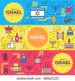 Israel  vector brochure cards thin line set. Country template of flyear, magazines, posters, book cover, banners. Layout culture outline illustrations modern pages