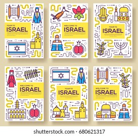 Israel  vector brochure cards thin line set. Country template of flyear, magazines, posters, book cover, banners. Layout culture outline illustrations modern pages