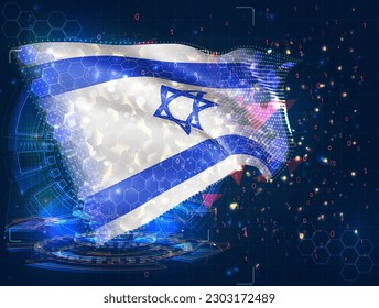 Israel,  vector flag, virtual abstract 3D object from triangular polygons on a blue background