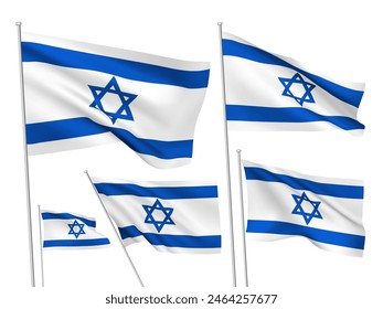 Israel vector flags set. 5 wavy pennants with flagpole fluttering on the wind. Vector illustration created using gradient meshes isolated on white background