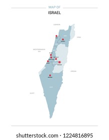 Israel vector map. Editable template with regions, cities, red pins and blue surface on white background. 