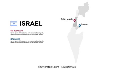 Informationsvorlage für die israelische Vektorgrafik. Präsentation verschieben. Weltweites Unternehmensmarketing-Konzept. Asien Land. Geografische Daten des Weltverkehrs. 