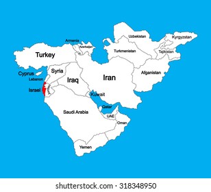 Israel vector map silhouette illustration isolated on Middle east vector map.