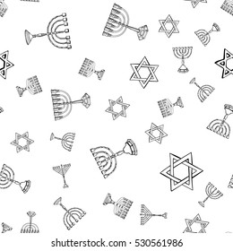 Israel vector pattern with old Menorah, Magen David, Hamsa
