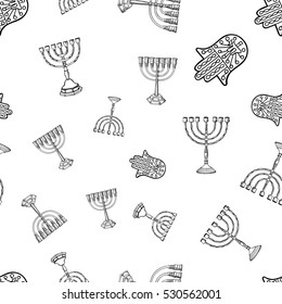 Israel vector pattern with old Menorah, Magen David, Hamsa
