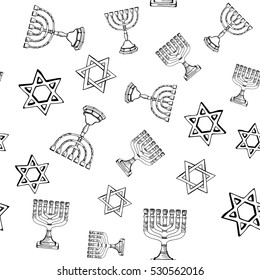 Israel vector pattern with old Menorah, Magen David, Hamsa
