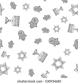 Israel vector pattern with old Menorah, Magen David, Hamsa