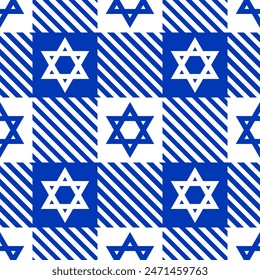 Israel vector seamless pattern. Stars of David on gingham background in blue and white colors.