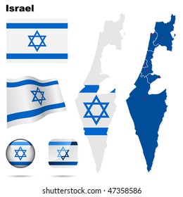 Conjunto de vectores de Israel. Forma detallada del país con bordes de área, banderas e iconos aislados en fondo blanco.