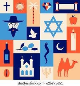 Israel, vector travel illustration, flat icon set, landmark background, summer pattern. Cross, sun, palm tree, diamond, face of man, dove, star of David, apple, candle, bottle of wine, olive, camel