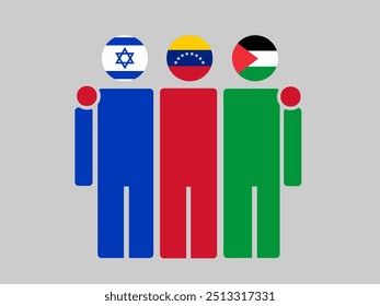 Israel, Venezuela, and Palestine National Flags With Embracing Body. Vector Illustration. Isolated background.