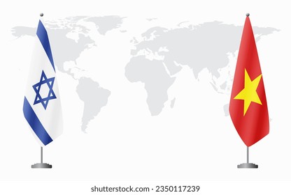 Israel and Vietnam flags for official meeting against background of world map.