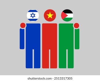 Israel, Vietnam, and Palestine National Flags With Embracing Body. Vector Illustration. Isolated background.