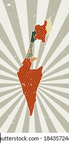 Israel vintage map. Grunge poster with map of the country in retro color palette. Shape of Israel with sunburst rays background. Vector illustration.