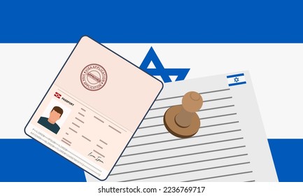 Israel visa, open stamped passport with visa approved document for border crossing. Immigration visa concept. Background with Israel flag. vector illustration