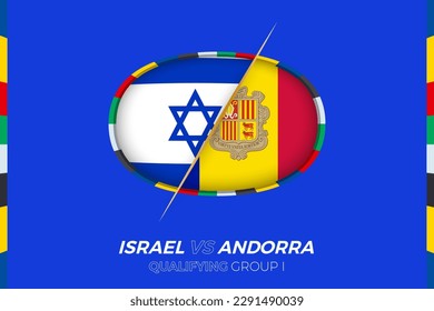 Israel vs Andorra icon for European football tournament qualification, group I. Competition icon on the stylized background.