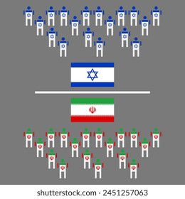 Israel vs Iran vector illustration design. Iran vs Israel war attack comparison with army military or soldiers and Iranian Israeli flag