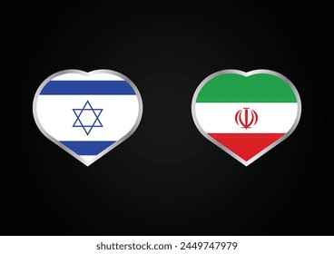 Israel vs Iran war. Israel vs Iran hearts concept flags on black background. Iran and Israel political conflict, economy, war crisis, relationship, trade concept. Jews vs Muslims war.