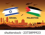 Israel vs Palestine war concept. EPS editable vector file with army character, flag, fighter jet, and tank silhouettes. Palestine skyline in the background. Jerusalem City Skyline. 