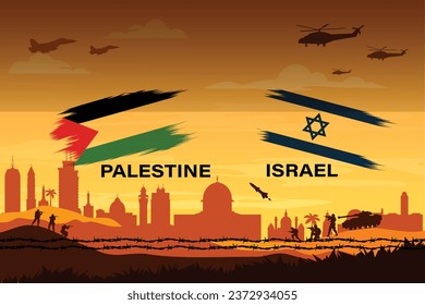 Israel vs Palestine war concept. EPS editable vector file with army character, flag, fighter jet, and tank silhouettes. Palestine skyline in the background.