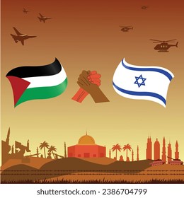 Israel vs Palestine war concept. Israeli army , flag, fighter jet, and tank silhouettes. Jerusalem City Skyline.