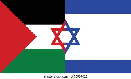 Israel VS Palestine War - Israel and Palestine conflict - Israeli flag VS Palestinian flag Concept. Half Israeli flag and half Palestinian flag, Star of David - half red and half blue. Vector, Banner.