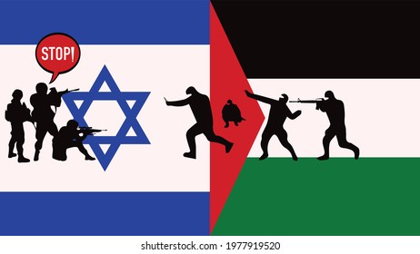 Israel VS Palestine War - Israel and Palestine conflict - Israeli soldiers VS Palestinian terrorists Concept. Israel defends itself while Palestinian terrorists enter its territory and attack. Stop!