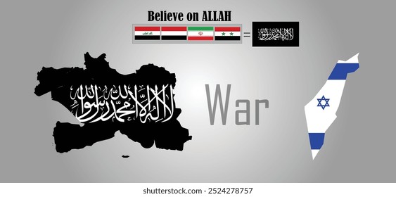 Israel War with the four country which is Syria , Iraq , Iran and Yemen and their geographical design also with the flag and a new Islamic flag Inshallah with a war type background