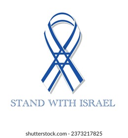 Israel wave ribbon with Text Stand with Israel. Mourning Ribbon Flag. Logo symbol. blue white Israeli strip flag.  military conflict. vector illustration.