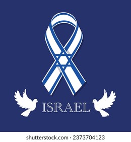 Israel ondea la cinta con texto de pie con Israel. Bandera de cinta de luto. Símbolo del logotipo. bandera azul blanca israelí.  conflicto militar. ilustración vectorial.