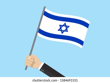 Israel waving flag. Hand holding Israeli flag. National symbol with David Star. Vector illustration. 