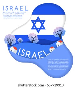 Israel : World Flag in paper cut shapes with trees and mountains in the layers : Vector Illustration