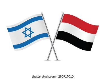Israel and Yemen crossed flags. Israeli and Yemeni flags, isolated on white background. Vector icon set. Vector illustration.