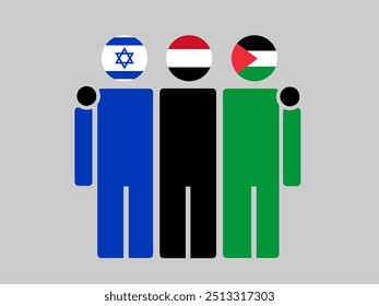 Israel, Yemen, and Palestine National Flags With Embracing Body. Vector Illustration. Isolated background.